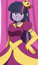 Size: 2237x3776 | Tagged: safe, artist:lirudraw, derpibooru import, mean twilight sparkle, human, equestria girls, bedroom eyes, clothes, crown, dress, equestria girls-ified, evening gloves, evil grin, eyebrows, eyebrows visible through hair, female, gloves, gown, grin, hand on hip, high res, image, jewelry, long gloves, looking at you, png, regalia, smiling, smirk, smug, solo