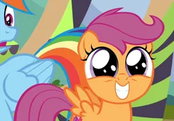 Size: 1164x816 | Tagged: safe, derpibooru import, screencap, rainbow dash, scootaloo, pegasus, pony, season 8, the washouts (episode), spoiler:s08, cropped, cute, cutealoo, daaaaaaaaaaaw, dilated pupils, duo, female, filly, foal, hnnng, image, mare, open mouth, png, sheepish grin, smiling, spread wings, too cute, weapons-grade cute, wings