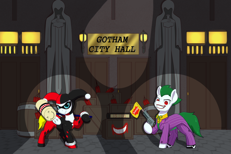 Size: 12000x8000 | Tagged: safe, artist:chedx, artist:metal-jacket444, derpibooru import, ponified, earth pony, pegasus, pony, batman, bowtie, crate, dc comics, dynamite, explosives, gotham city, green hair, harley quinn, image, jester outfit, joker, lipstick, mallet, mask, pinstripes, png, spotlight, the joker, this will end in death, this will end in explosions, timer
