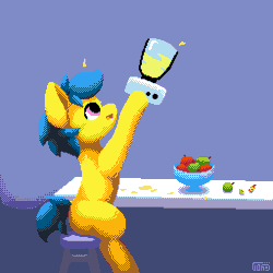 Size: 512x512 | Tagged: safe, artist:vohd, derpibooru import, oc, oc:vohd, unofficial characters only, earth pony, pony, animated, apple, apple juice, dithering, dripping, food, gif, happy, image, juice, mixer, pixel art, sitting, table
