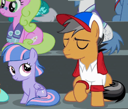 Size: 800x685 | Tagged: safe, derpibooru import, screencap, quibble pants, wind sprint, earth pony, pegasus, pony, common ground, animated, baseball cap, cap, clothes, duo focus, female, filly, foal, freckles, gif, hat, image, male, pointing, shirt, stallion, talking
