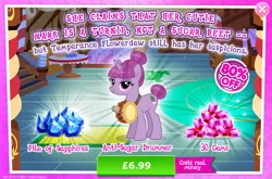Size: 1964x1295 | Tagged: safe, derpibooru import, idw, official, pony, unicorn, advertisement, anti-sugar league, costs real money, drum beet, drums, english, female, gameloft, gem, horn, idw showified, image, jpeg, mare, musical instrument, numbers, sale, solo, solo focus, table, text