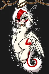 Size: 2000x3000 | Tagged: suggestive, artist:aryn, derpibooru import, oc, oc:awya lightfeather, unofficial characters only, pegasus, pony, bedroom eyes, blushing, bound, hanging, image, png, rope, solo, tongue out, two toned mane