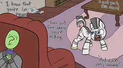 Size: 1940x1080 | Tagged: safe, alternate version, artist:happy harvey, derpibooru import, zecora, oc, oc:anon, human, pony, zebra, aroused, book, bookshelf, bracelet, calendar, clothes, coffee table, couch, drawn on phone, estrus, female, heart, hiding, horny, house, image, imminent rape, imminent sex, jewelry, male, mare, png, rug, scared, shaking, sweat, sweatdrop, sweater, table, turtleneck