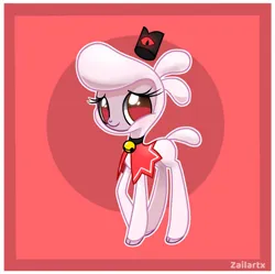 Size: 1024x1019 | Tagged: safe, artist:zailartx, derpibooru import, sheep, them's fightin' herds, bell, bell collar, cloak, clothes, collar, community related, crossover, cult of the lamb, cute, image, jpeg, lamb, pom (tfh), red background, red crown, red eyes, simple background, smiling