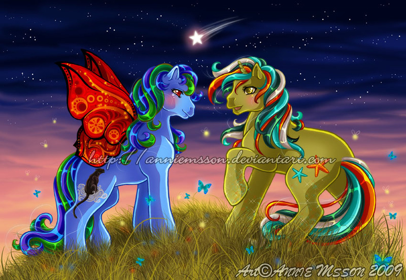 Size: 850x585 | Tagged: safe, artist:anniemsson, derpibooru import, oc, unofficial characters only, butterfly, flutter pony, insect, pony, unicorn, female, g1, image, jpeg, mare, shooting star