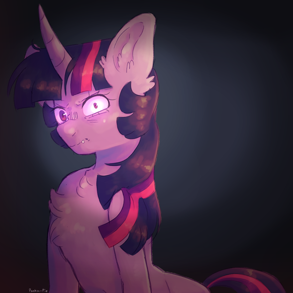 Size: 1000x1000 | Tagged: safe, artist:ponka-pie, derpibooru import, twilight sparkle, pony, unicorn, angry, chest fluff, dark background, derpibooru exclusive, ear fluff, female, glare, image, looking at you, painting, png, sharp teeth, solo, teeth, unicorn twilight