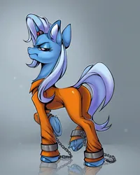 Size: 1100x1377 | Tagged: safe, artist:rozmed, derpibooru import, trixie, unicorn, butt, clothes, cufflinks, cuffs, grumpy, horn, horn ring, image, jewelry, jpeg, jumpsuit, magic suppression, never doubt rainbowdash69's involvement, plot, prison outfit, prisoner, ring, shackles, solo