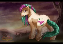 Size: 1132x800 | Tagged: safe, artist:anniemsson, derpibooru import, oc, oc:birdsong, unofficial characters only, earth pony, pony, butt, featureless crotch, image, jpeg, looking at you, male, rain, solo, stallion, storm, tree, unshorn fetlocks