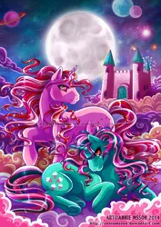 Size: 636x900 | Tagged: safe, artist:anniemsson, derpibooru import, fizzy, galaxy (g1), pony, unicorn, cloud, dream castle, female, g1, image, jpeg, mare, moon