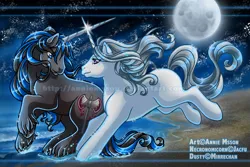 Size: 900x601 | Tagged: safe, artist:anniemsson, derpibooru import, oc, unofficial characters only, pony, unicorn, beach, g1, horn, horns are touching, image, jpeg, moon