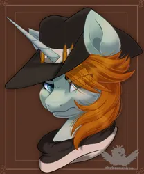 Size: 2000x2400 | Tagged: safe, artist:skyboundsiren, derpibooru import, oc, pony, unicorn, bullet, bust, clothes, commission, cowboy, cowboy hat, hat, headshot commission, image, looking at you, male, png, portrait, scar, scarf, serious, serious face, simple background, stallion