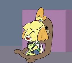 Size: 1066x932 | Tagged: safe, artist:happy harvey, derpibooru import, oc, oc:anonfilly, anthro, dog, pony, animal crossing, clothes, comfy, crossover, drawn on phone, female, filly, foal, gondola, hair accessory, happy, image, isabelle, png, shirt, sitting, sitting on lap, skirt, smiling, vest