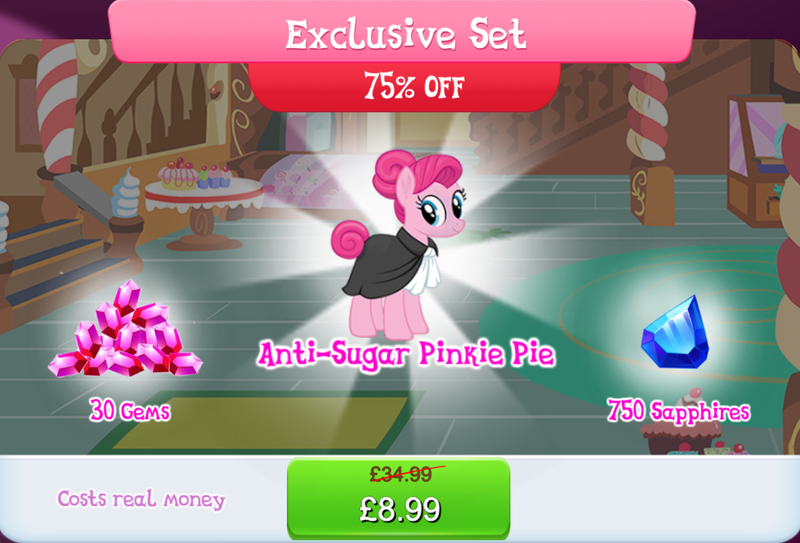 Size: 1266x860 | Tagged: safe, derpibooru import, idw, official, pinkie pie, earth pony, pony, anti-sugar league, anti-sugar pinkie pie, bundle, costs real money, english, female, gameloft, gameloft interpretation, gem, idw showified, image, jpeg, mare, numbers, sale, solo, solo focus, table, text