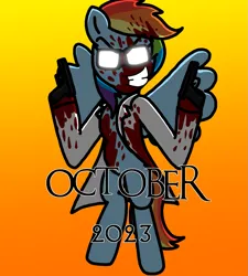 Size: 1275x1414 | Tagged: semi-grimdark, artist:professorventurer, derpibooru import, rainbow dash, pegasus, pony, fanfic:rainbow factory, series:ask pippamena, blood, blood on face, clothes, fanfic art, flying, glasses, glock, glock 17, gun, handgun, image, lab coat, pistol, png, rainbow factory dash, scary shiny glasses, weapon