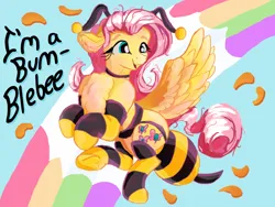 Size: 3200x2400 | Tagged: safe, artist:br0via, derpibooru import, fluttershy, pegasus, pony, animal costume, bee costume, chest fluff, clothes, costume, cute, female, flutterbee, image, mare, open mouth, open smile, png, rainbow, shyabetes, smiling, socks, solo, striped socks