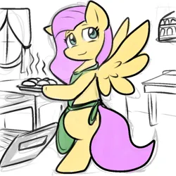 Size: 900x900 | Tagged: safe, artist:zutcha, derpibooru import, fluttershy, pegasus, pony, apron, clothes, cooking, female, image, kitchen, png, solo