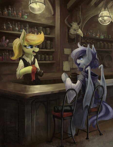 Size: 3165x4096 | Tagged: safe, artist:blvckmagic, derpibooru import, oc, unofficial characters only, bat pony, earth pony, pony, bar, bartender, bat pony oc, bat wings, chair, cloak, clothes, dress shirt, female, hood, image, jpeg, robe, smiling, talking, tankard, tavern, vest, wings