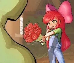 Size: 1652x1423 | Tagged: safe, artist:crade, ponybooru import, apple bloom, oc, oc:anon, human, equestria girls, blushing, bouquet of flowers, clothes, flower, humanized, image, overalls, partial nudity, png, rose, shirt, sweat, t-shirt, topless, trembling