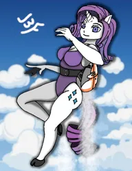 Size: 1150x1500 | Tagged: suggestive, artist:freddyker, derpibooru import, rarity, anthro, unicorn, breasts, busty rarity, clothes, cloud, flying, image, jetpack, jpeg, leotard, sky, sky background, smiling, stupid sexy rarity