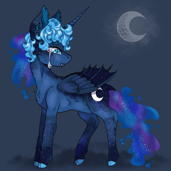 Size: 1024x1024 | Tagged: safe, artist:brot-art, artist:clownbread1, derpibooru import, princess luna, alicorn, pony, alternate design, alternate universe, crescent moon, crying, fangs, hybrid wings, image, jpeg, moon, sad, solo, story included, wings