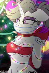 Size: 2931x4362 | Tagged: suggestive, artist:gelians, derpibooru import, oc, oc:hazel radiate, unofficial characters only, anthro, pony, unicorn, almost nude, anthro oc, belly button, bondage, bound and gagged, bow, bra, breasts, christmas, christmas lights, christmas ornament, christmas tree, cloth gag, clothes, commission, commissioner:biohazard, decoration, eyebrows, eyelashes, eyeshadow, female, fire, fireplace, floppy ears, gag, highlights, holiday, horn, image, makeup, mare, neck bow, nudity, one ear down, partial nudity, png, ponytail, purple eyes, solo, solo female, string lights, tree, underwear, unicorn oc, ych result