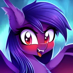 Size: 2048x2048 | Tagged: safe, derpibooru import, editor:ramprover, machine learning generated, purplesmart.ai, stable diffusion, oc, unofficial characters only, bat pony, pony, bedroom eyes, blue background, blushing, bust, chest fluff, cute, derpibooru exclusive, ear fluff, fangs, female, image, looking at you, mare, open mouth, png, portrait, simple background, smiling, solo, spread wings, tongue out, wings