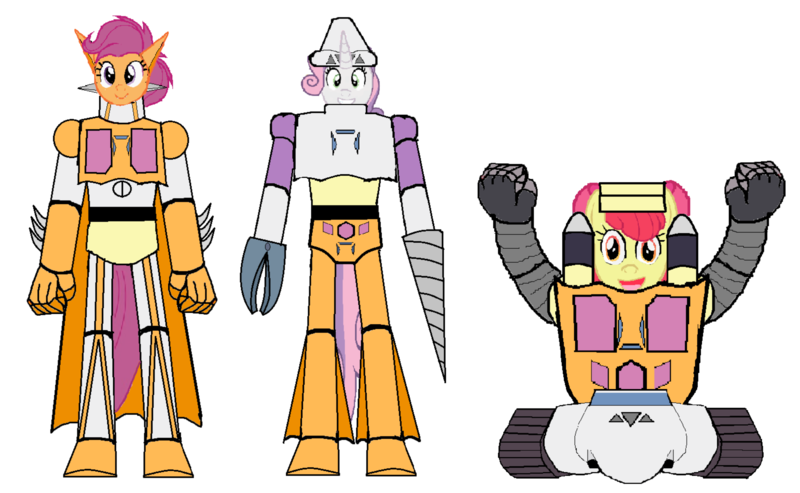 Size: 3000x1847 | Tagged: artist needed, safe, derpibooru import, apple bloom, scootaloo, sweetie belle, robot, cutie mark crusaders, getter robo, image, looking at you, mecha, older, older apple bloom, older cmc, older scootaloo, older sweetie belle, png, simple background, transparent background