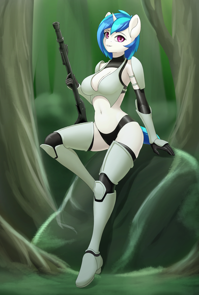 Size: 2500x3700 | Tagged: safe, artist:junglemango, derpibooru import, vinyl scratch, anthro, unicorn, armor, belly button, breasts, busty vinyl scratch, cleavage, image, midriff, png, solo, weapon