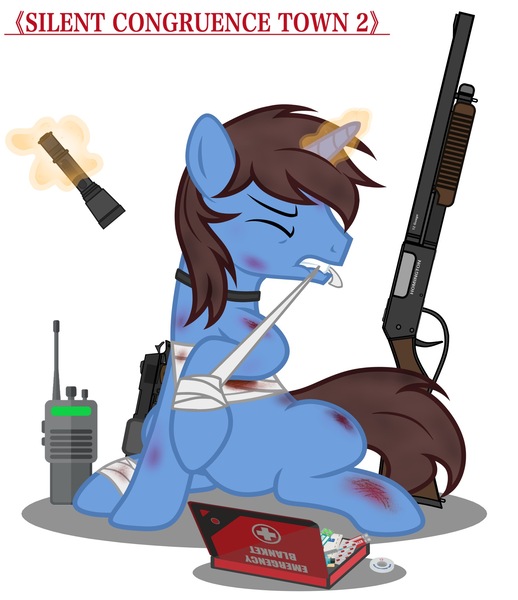 Size: 1767x2046 | Tagged: semi-grimdark, artist:equestria secret guard, derpibooru import, oc, oc:frozen flash, oc:冰闪, pony, unicorn, bandage, blood, chinese text, first aid, first aid kit, flash light, flashlight (object), gun, horn, image, injured, jpeg, male, moon runes, radio, shotgun, silent congruence town, silent congruence town 2, silent hill, silent hill 2, simple background, sitting, stallion, unicorn oc, vector, weapon, white background