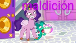 Size: 3072x1727 | Tagged: safe, derpibooru import, edit, edited edit, edited screencap, screencap, pipp petals, sparky sparkeroni, dragon, pegasus, pony, my little pony: tell your tale, spoiler:g5, spoiler:my little pony: tell your tale, spoiler:tyts01e35, baby, baby dragon, duo, duo male and female, faic, female, g5, high res, image, jpeg, making a meal of it, male, mare, open mouth, pain, panic on harvest & hugs day, pippbitch petals, shrunken pupils, spanish, speaker, vulgar, youtube link