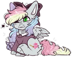 Size: 1002x797 | Tagged: safe, artist:heartsketch1, derpibooru import, oc, oc:blazey sketch, pegasus, pony, blushing, bow, clothes, commission, gift art, green eyes, grey fur, hair bow, image, multicolored hair, one eye closed, outline, png, simple background, sitting, solo, sweater, transparent background, white outline, wink, ych result