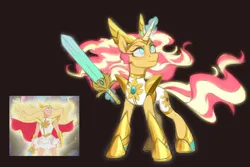 Size: 3000x2000 | Tagged: safe, artist:jewellier, derpibooru import, sunset shimmer, pony, unicorn, adora, alternate hairstyle, armor, clothes, cosplay, costume, crossover, female, flowing mane, golden armor, image, jewelry, levitation, magic, magic aura, mare, png, scene interpretation, screencap reference, she-ra, she-ra and the princesses of power, shoes, solo, sword, telekinesis, tiara, weapon