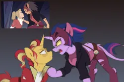 Size: 3000x2000 | Tagged: safe, artist:jewellier, derpibooru import, sunset shimmer, twilight sparkle, pony, unicorn, adora, alternate hairstyle, angry, armor, catra, clothes, cosplay, costume, crossover, female, image, jacket, leonine tail, mare, pants, png, ripped pants, scene interpretation, screencap reference, she-ra and the princesses of power, shirt, shoes, slit pupils, solo, tail, torn clothes, unicorn twilight