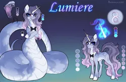 Size: 2497x1633 | Tagged: safe, artist:hakkerman, derpibooru import, oc, oc:lumiere, unofficial characters only, hybrid, lamia, original species, pony, unicorn, bowtie, fangs, forked tongue, horn, hybrid oc, image, jpeg, lamia oc, magic, magic aura, male, reference sheet, slit pupils, stallion, standing, stripes