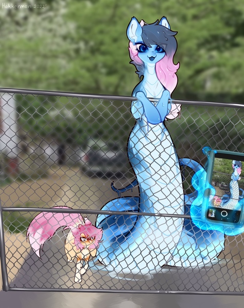 Size: 1714x2160 | Tagged: safe, artist:hakkerman, derpibooru import, oc, oc:alina, oc:liu, unofficial characters only, goo, goo pony, lamia, original species, pegasus, fence, image, jpeg, magic, magic aura, phone, real life background