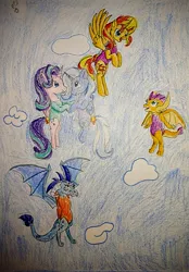 Size: 2763x3975 | Tagged: safe, artist:goldheart1, derpibooru import, princess ember, smolder, starlight glimmer, sunset shimmer, trixie, alicorn, dragon, alicornified, blushing, clothes, flying, image, jetpack, jpeg, leotard, race swap, shimmercorn, sky, sky background, starlicorn, traditional art, trixiecorn, xk-class end-of-the-world scenario