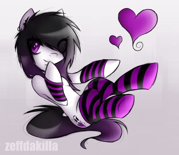 Size: 1500x1300 | Tagged: safe, artist:zeffdakilla, derpibooru import, oc, unnamed oc, unofficial characters only, anthro, earth pony, unguligrade anthro, arm warmers, black hair, black mane, clothes, cute, ear piercing, earring, emo, female, floating, heart, image, jewelry, looking at you, piercing, png, raised hoof, scene, scene kid, simple background, smiling, socks, solo, white fur