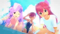 Size: 1920x1080 | Tagged: suggestive, artist:脉脉子, banned from derpibooru, apple bloom, scootaloo, sweetie belle, human, 3d, clothes, cutie mark crusaders, female, humanized, image, koikatsu, lolicon, one-piece swimsuit, png, see-through, shirt, swimsuit, t-shirt, underage