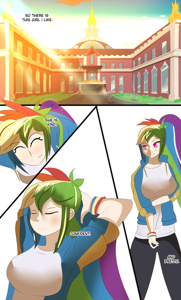 Size: 2480x4100 | Tagged: safe, artist:lucielity, derpibooru import, rainbow dash, human, comic:my crush is a pony?, equestria girls, canterlot high, comic, image, png, school