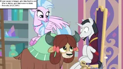 Size: 1280x720 | Tagged: safe, derpibooru import, edit, edited screencap, screencap, chancellor neighsay, silverstream, yona, school raze, book of proverbs, bookshelf, chains, chair, image, inset, monkey swings, png, unbound