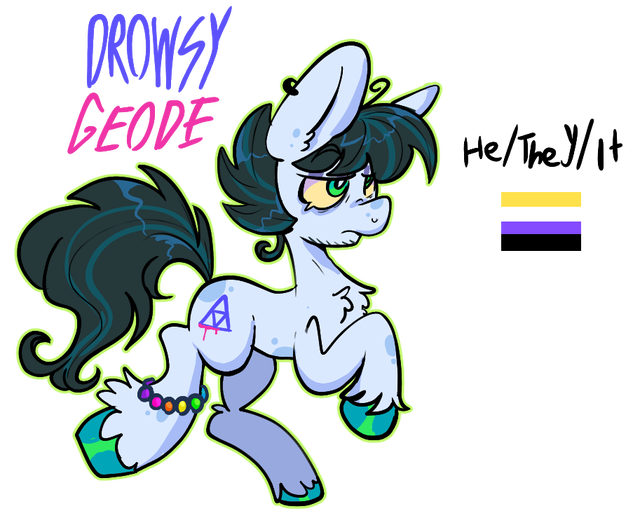 Size: 640x518 | Tagged: safe, artist:kreeeeeez, derpibooru import, oc, oc:drowsy geode, unofficial characters only, earth pony, bracelet, chest fluff, coat markings, colored hooves, ear piercing, earring, earth pony oc, facial hair, g5 oc, image, jewelry, messy mane, nonbinary, nonbinary pride flag, outline, piercing, png, pride, pride flag, pronouns, reddit, simple background, solo, transparent background, unshorn fetlocks