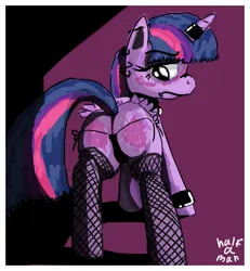 Size: 677x734 | Tagged: suggestive, artist:halfaman, derpibooru import, twilight sparkle, twilight sparkle (alicorn), alicorn, pony, bikini, black outlines, blushing, butt, butt blush, clothes, ear piercing, goth, horn, horn ring, image, jewelry, makeup, panties, piercing, plot, png, ring, shadow, simple background, socks, solo, stockings, string bikini, swimsuit, thigh highs, thong, twibutt, underwear