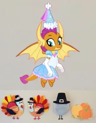 Size: 703x900 | Tagged: safe, artist:darlycatmake, derpibooru import, smolder, dragon, clothes, cute, decoration, dragoness, dress, female, flying, froufrou glittery lacy outfit, gloves, happy, hat, hennin, holiday, image, impressed, jpeg, long gloves, looking down, princess, princess smolder, smiling, smolderbetes, thanksgiving
