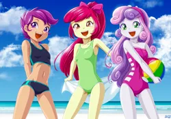 Size: 1200x834 | Tagged: safe, artist:uotapo, derpibooru import, apple bloom, scootaloo, sweetie belle, equestria girls, alternate hairstyle, apple bloom's bow, beach, beach ball, belly button, blushing, bow, clothes, cutie mark crusaders, female, hair bow, image, jpeg, midriff, one-piece swimsuit, open mouth, swimsuit, towel