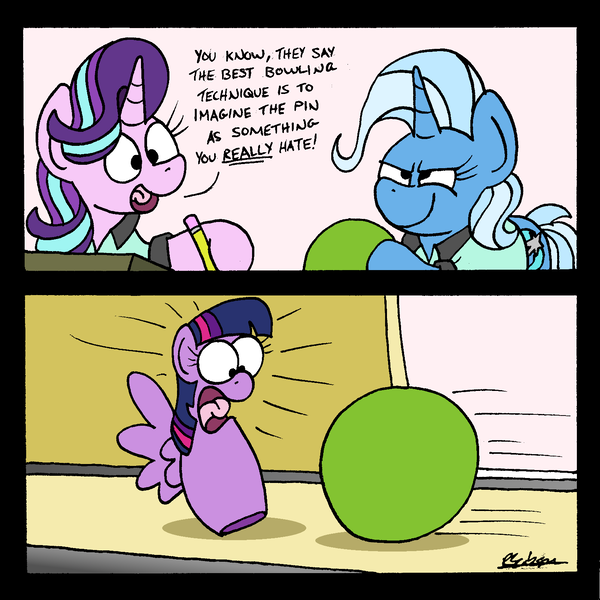 Size: 1583x1584 | Tagged: safe, artist:bobthedalek, derpibooru import, starlight glimmer, trixie, twilight sparkle, twilight sparkle (alicorn), alicorn, pony, unicorn, bowling alley, bowling ball, bowling pin, clothes, comic, image, png, shirt, smug