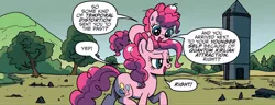 Size: 1334x512 | Tagged: safe, artist:pencils, derpibooru import, idw, pinkie pie, earth pony, pony, spoiler:comic, spoiler:comicidw2020, cute, dialogue, diapinkes, duo, female, filly, filly pinkie pie, foal, g4, idw 20/20, image, jpeg, mare, rock farm, self paradox, self ponidox, speech bubble, time paradox, time travel, younger