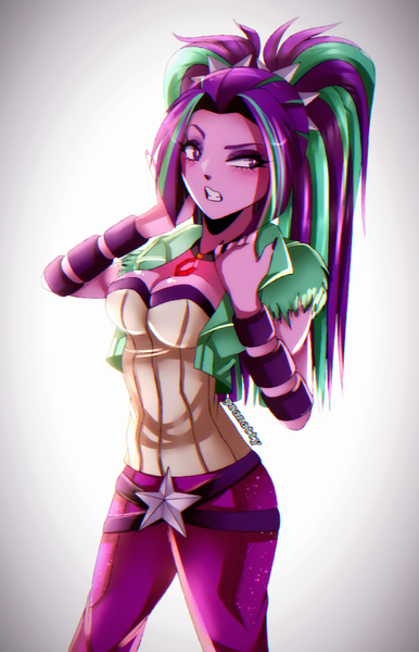 Size: 572x889 | Tagged: safe, artist:granatty, derpibooru import, aria blaze, equestria girls, breasts, cleavage, clothes, female, gem, image, png, siren gem, solo