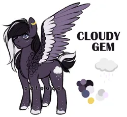 Size: 750x688 | Tagged: safe, artist:duskysketch, derpibooru import, oc, oc:cloudy gem, pegasus, pony, cutie mark, ear piercing, earring, female, hair over one eye, image, jewelry, mare, obtrusive watermark, pegasus oc, piercing, png, reference sheet, simple background, solo, watermark, white background, wings