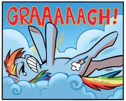 Size: 934x750 | Tagged: safe, artist:brendahickey, derpibooru import, idw, rainbow dash, pegasus, pony, friends forever, spoiler:comic, spoiler:comicff25, dialogue, emanata, female, g4, image, jpeg, mare, solo, stretching